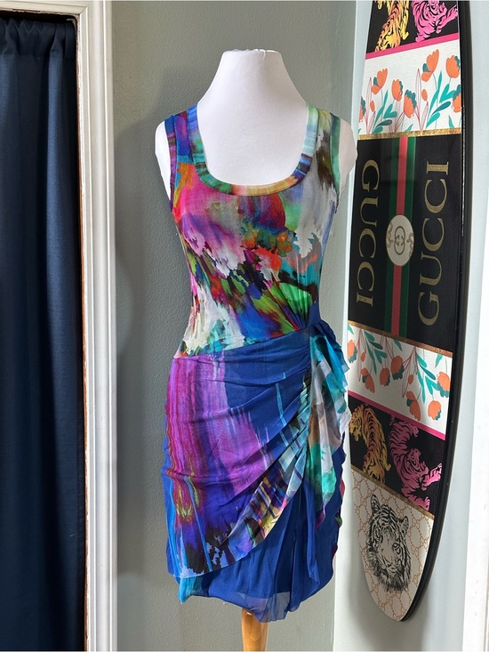 Elana Kattan Dresses & Skirts - Elana Kattan Dress Watercolor Ruched Mesh Cut Out Bodycon Y2K 90s USA Made Sz XS